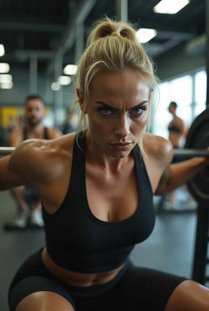 (((best qualityer))), highly detailed, high resolution. 25 year old female, blondie hair, clear green eyes, fleshy lips, heavy make-up, "Realistic fitness woman doing bench press in a modern gym. with people in the background, Hair tied in a ponytail., She wears tight black sportswear and displays correct posture while training intensely... detail with closed mouth and angry face