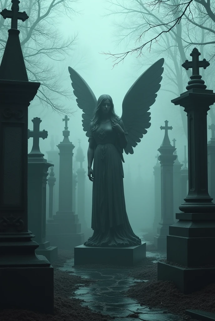 A silent cemetery with gothic style statues. One angel statue is seen looking back as if watching., with a thin mist covering the ancient tombs.