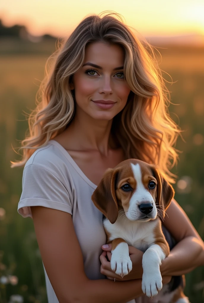 fRealistic photo of a mature brunette holding a beagle puppy, she has wavy brown hair with blonde highlights, hazel eyes, beautiful sagging medium breasts, HDR, 8k, photo taken with an IPHONE, they are arranged in a semi-circle, creating a balanced composition. She is using a high-end DSLR camera, such as a Canon EOS R5 with a 24-70mm f/2.8 lens. The camera is mounted on a sturdy tripod and the settings include:
Aperture (f/4.0): To achieve a moderate depth of field that keeps the whole group in focus while slightly blurring the background to make people stand out.
Shutter Speed (1/250s): Fast enough to freeze any subtle movement without motion blur.
ISO (200): To capture the soft light of the evening without introducing noise into the image.
Auto Focus Mode (Single Point AF): Focused on the woman, ensuring her face is sharp.
White Balance (Custom): Adjusted to accurately capture the warm tones of sunset.