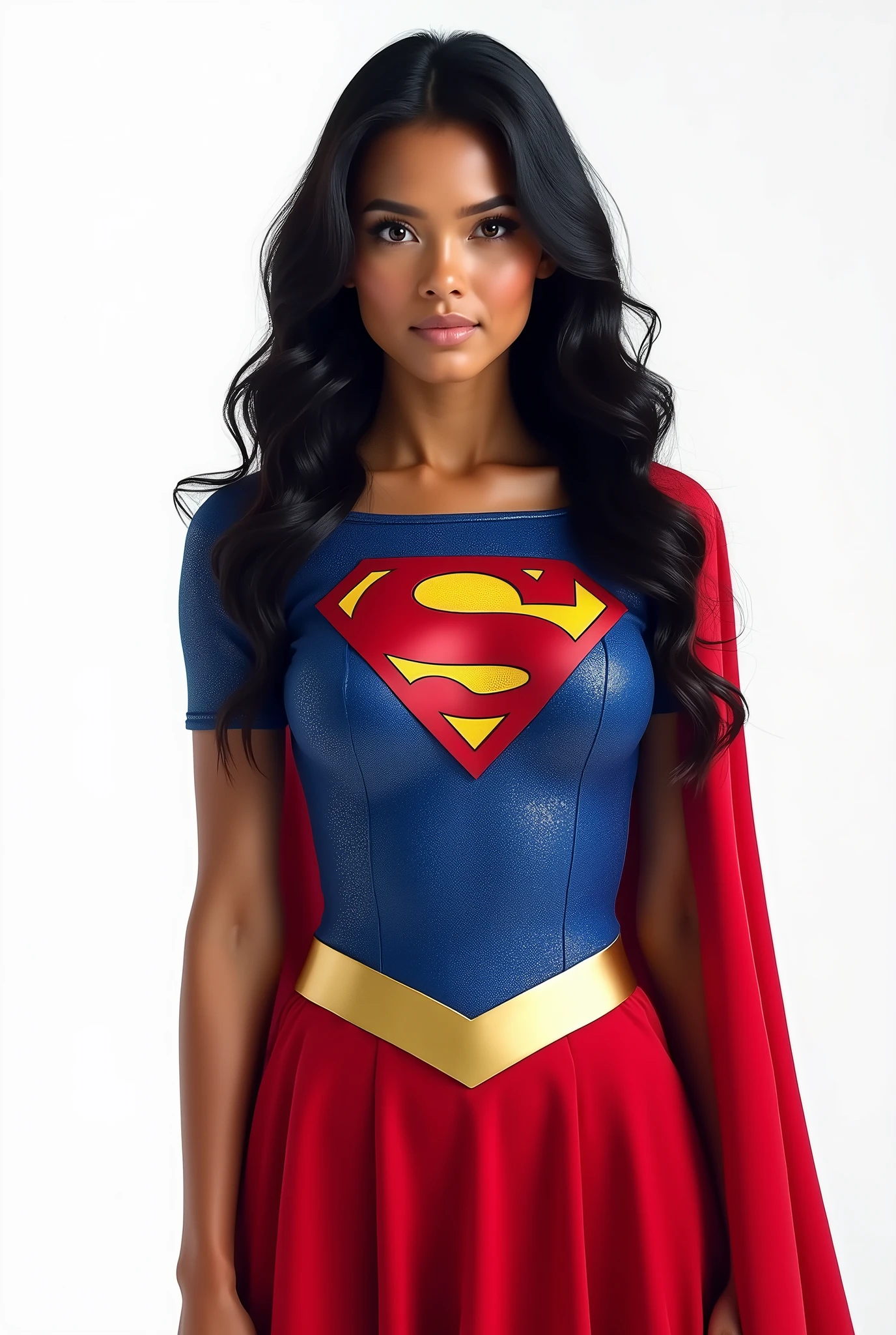 dominican, visible from a white shirt (((masterpiece, highest quality)), yoga white pants, wearing Supergirl costume, 1 girl, (photorealistic: 1.4), solo, white background, black hair, wavy hair, absolute area, skirt, ((full body)), HD, high quality, very detailed, hyper realistic