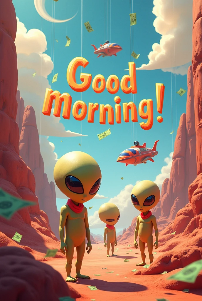 Image that says: good morning! With adult Martians, Flying ships and falling money bills. The text should be very large and the other background images, secondary.