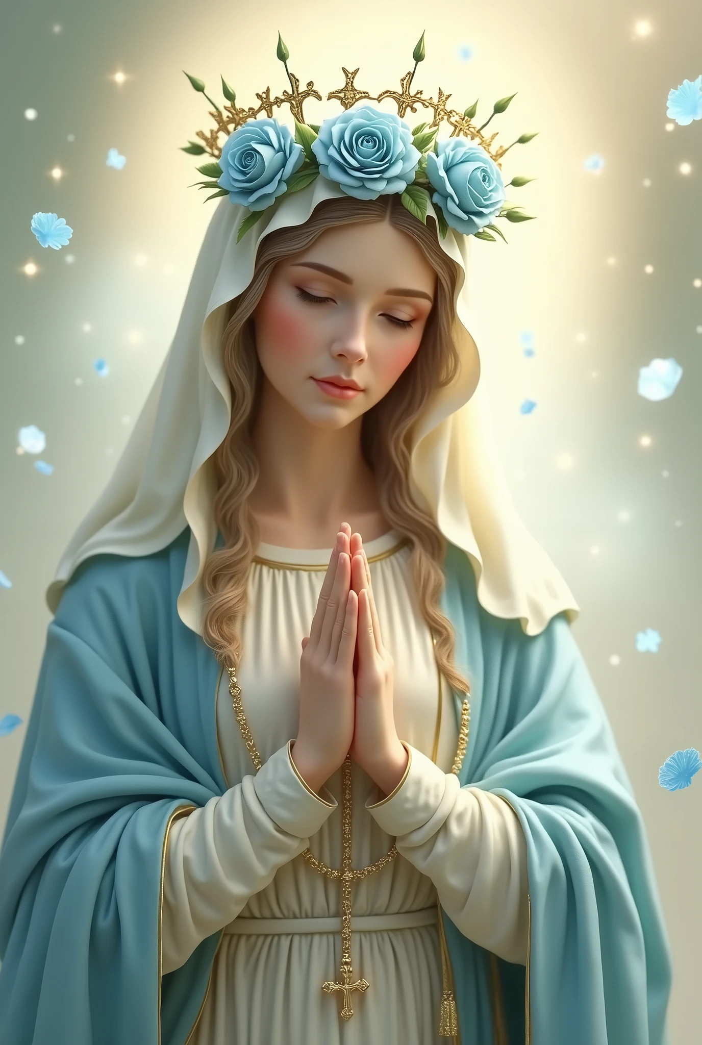 virgin mary praying the rosary with a crown of stars on her head, light tones, making references to blue roses