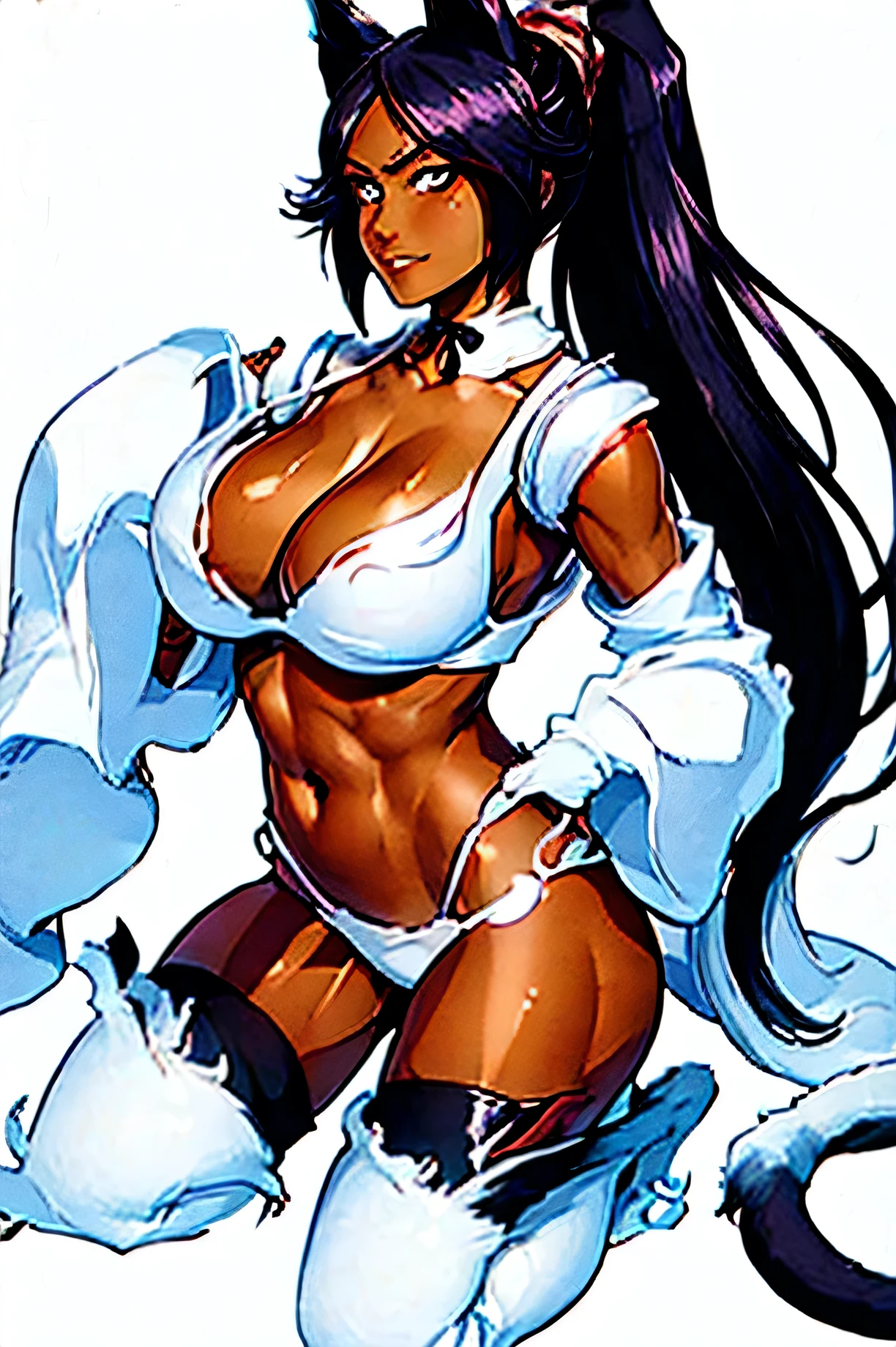 1girl animal_ears arm_support black_hair bleach bleach:_sennen_kessen-hen cat_ears cat_girl cat_tail choker cleavagtary_request convenient_arm curvy dark-skinned_female dark_skin electricity electrokinesis full_body greyscale hair_ears highres ken'ichi_(ken1ro_u) kneeling large_breasts light_sng_hair looking_afar monochrome parted_bangs parted_lips ponytail shihouin_yoruichi simple_background sketch solo tail thighhighs thighs traditional_media tsurime very_long_hair white_background white_thighhighs yoruichi shihouin, God of Thunder form