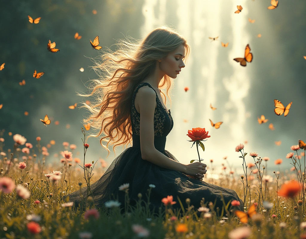 double exposure, splash art,(Photorealism:1.2), high quality, 8K Ultra HD, A cinematic masterpiece unfolds: on a sunny day at a waterfall with flowers and butterflies. A beautiful woman with long wavy floating hair knees on a serene meadow, smiling softly as she holds a delicate rose in her hand. she wears a black floating wavy lace dress. Everything in the scene begins to fade away, dissolving into dust, including the woman herself, the rose, the waterfall, the butterflies, symbolizing the ephemeral nature of life. The dust swirls gently in the breeze, reminding us that nothing can last forever. The image captures a poignant moment with intricate details, soft lighting, and a melancholic atmosphere. Rendered in 32k ultra-high definition, the dynamic lighting enhances the realism, creating a hauntingly beautiful scene.The image captures an epic cinematic scene, brilliantly detailed with intricate elements and dramatic atmospheric lighting. Rendered in 32k ultra-high definition, dynamic lighting casts hard shadows, achieving exquisite realism. The scene blends realistic, intricate details with cold colors, creating a somber atmosphere. Captured with a 50mm lens at f/2.8 for optimal depth of field, the result is an extremely realistic, photo-realistic illustration with enhanced, dark, and cinematic lighting.