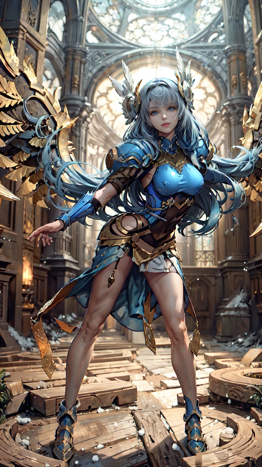 Lenneth from 'Valkyrie profile', BREAK: bright_gold_trimmed_sapphire_blue_plate mech4rmor, (boob window in armor), thigh cutout, long skirt, BREAK: standing, contrapposto stance, light smile, castle ruins, fluffy snow falls, BREAK: intricately detailed eyes, detailed face, detailed hands, cinematic lighting, moody atmosphere, (16k, absurdres, masterpiece, best quality), wings