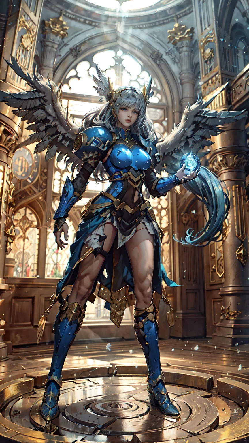 Lenneth from 'Valkyrie profile', BREAK: bright_gold_trimmed_sapphire_blue_plate mech4rmor, (boob window in armor), thigh cutout, long skirt, BREAK: standing, contrapposto stance, light smile, castle ruins, fluffy snow falls, BREAK: intricately detailed eyes, detailed face, detailed hands, cinematic lighting, moody atmosphere, (16k, absurdres, masterpiece, best quality), wings