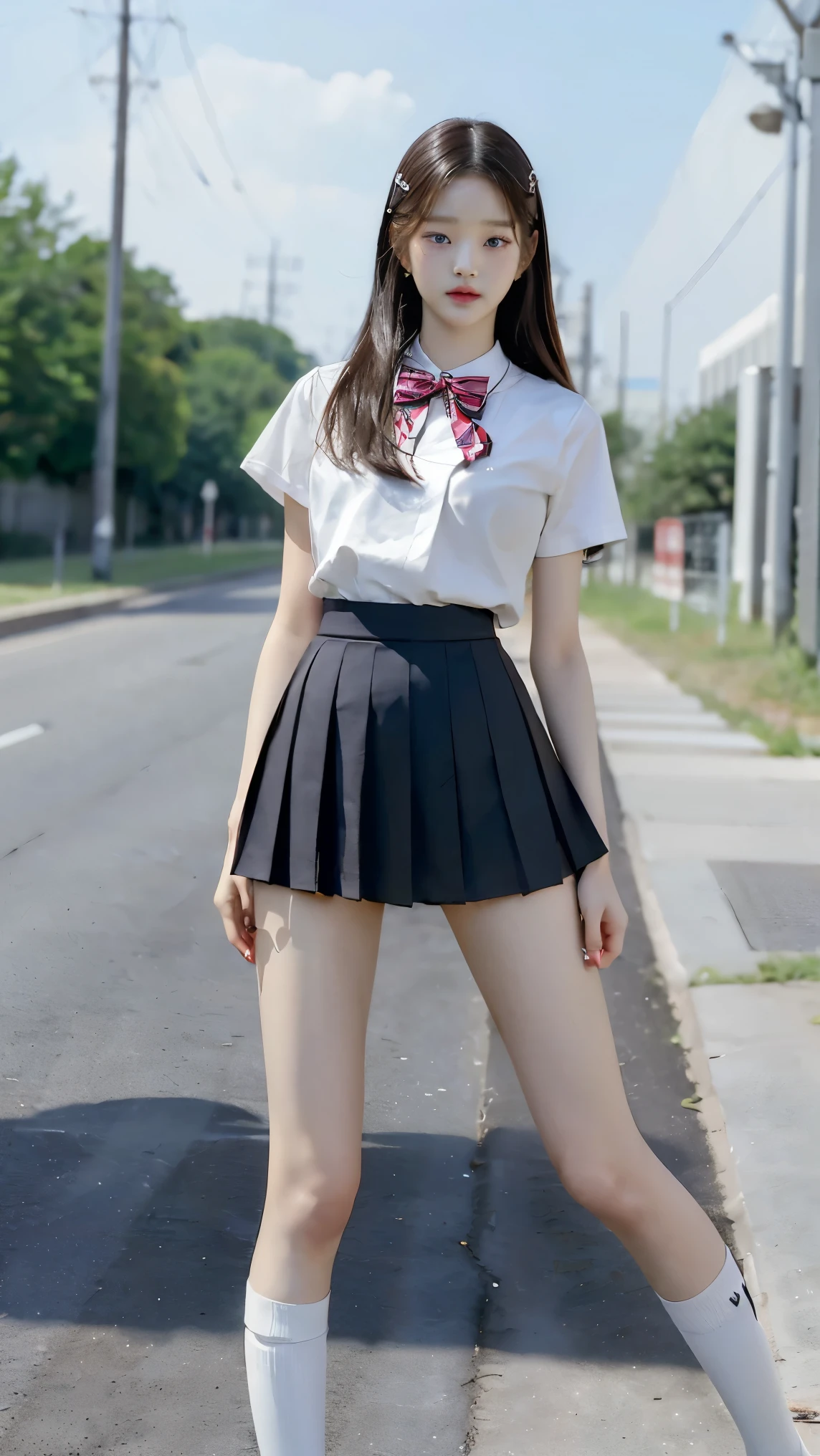 Absurd, RAW Photos, Very delicate and beautiful, masterpiece, Highest quality, Ultra-high resolution, 16K, hyperRealistic, Realistic, photoRealistic, photo-Realistic, Very detailed, Perfect Anatomy, Very detailed肌, Perfect figure, Very detailed CG 8k 壁紙, nude, Pussy, shaved Pussy, Nipples, perfect Nipples, Perfect breasts, Round Breasts, Small Head, Perfect Fingers, (((whole bodyショット:1.8))),(((whole body :1.7))), Extremely white skin, Are standing,Stand with your legs aligned,Stand with your back straight,whole bodyを此方に向ける, Medium chest, nude, blush, the wind is strong,Long legs,Thin legs, Sexy Legs, on the road, Fluffy hair, bangs, (2 people :1.5), Small Ass,long and thin arms,Long legs, Medium chest, Messy Hair,Put your hands down, Put your hands in your pockets, Put your hands down, Sexy pose,Tight waist, friend, nude girlfriend, smile, Happy, medium Round Breasts, Leg spread, Sexy pose, Leg spread, walking on the road, Laughter, Lift shirt, Three people, ((Keep your spine straight)),((Stand with your legs aligned)),((体whole bodyを此方に向ける)),((Japanese high school girls wearing uniforms)),((Checkered high school uniform with tiny mini skirt)),((High school uniform summer short-sleeved white shirt)), ((Red bow tie)),((Black Loafers)),School boots, Black Hair, Narrow waist,(((Very short white socks that reach to the ankles))),((Height 173cm:1.3)),Slim model body shape,(Slim and muscular athletics body type:1.3),(Slim yet muscular legs),(Thin thighs),(long thighs),(((Clothes that expose a lot of bare skin:1.3))),((Sexy bare legs:1.3)),((He looks just like WONYOUNG from the Korean idol group IVE.:1.8)),18-year-old girl,Long legs,((Anatomically correct:1.3))