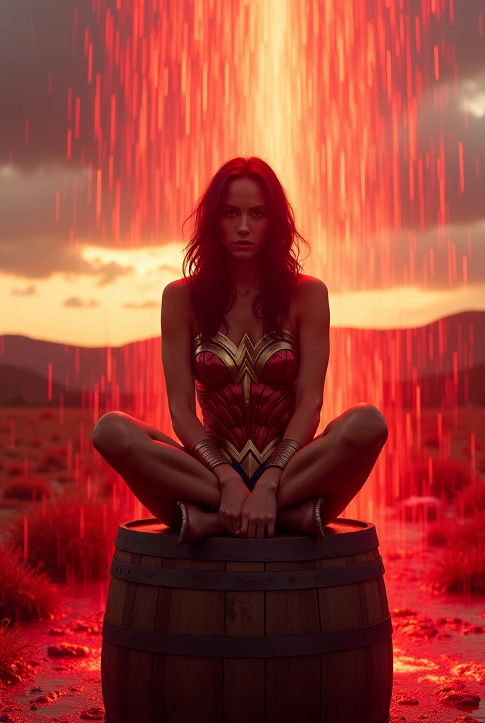 Gal Gadot sitting on a barrel showing her feet to the cameraman, it's raining red, in the middle of dawn