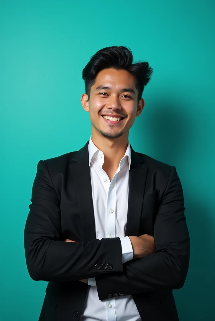 A young man with dark hair and a confident smile. He is dressed in a black blazer over a white shirt. The man is positioned against aqua colour backdr