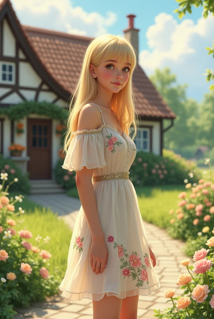 A blonde teenager with long, straight hair, with a flowery dress in front of a house