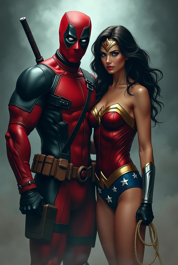 deadpool and wonder woman like a porn star, detailed illustration, cinematic, coming out of a thick fog, facing the camera, highly detailed, hyper-realistic, 8k, masterpiece, professional, vivid colors, dramatic lighting, comic book style, intense expression, powerful pose, muscular body, wearing red and black costume, swords on back, gritty, moody, atmospheric.