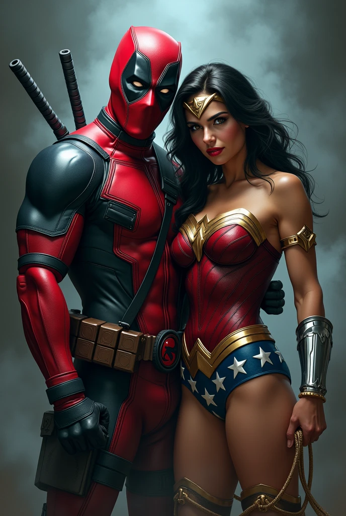 deadpool and wonder woman like a porn star, detailed illustration, cinematic, coming out of a thick fog, facing the camera, highly detailed, hyper-realistic, 8k, masterpiece, professional, vivid colors, dramatic lighting, comic book style, intense expression, powerful pose, muscular body, wearing red and black costume, swords on back, gritty, moody, atmospheric.