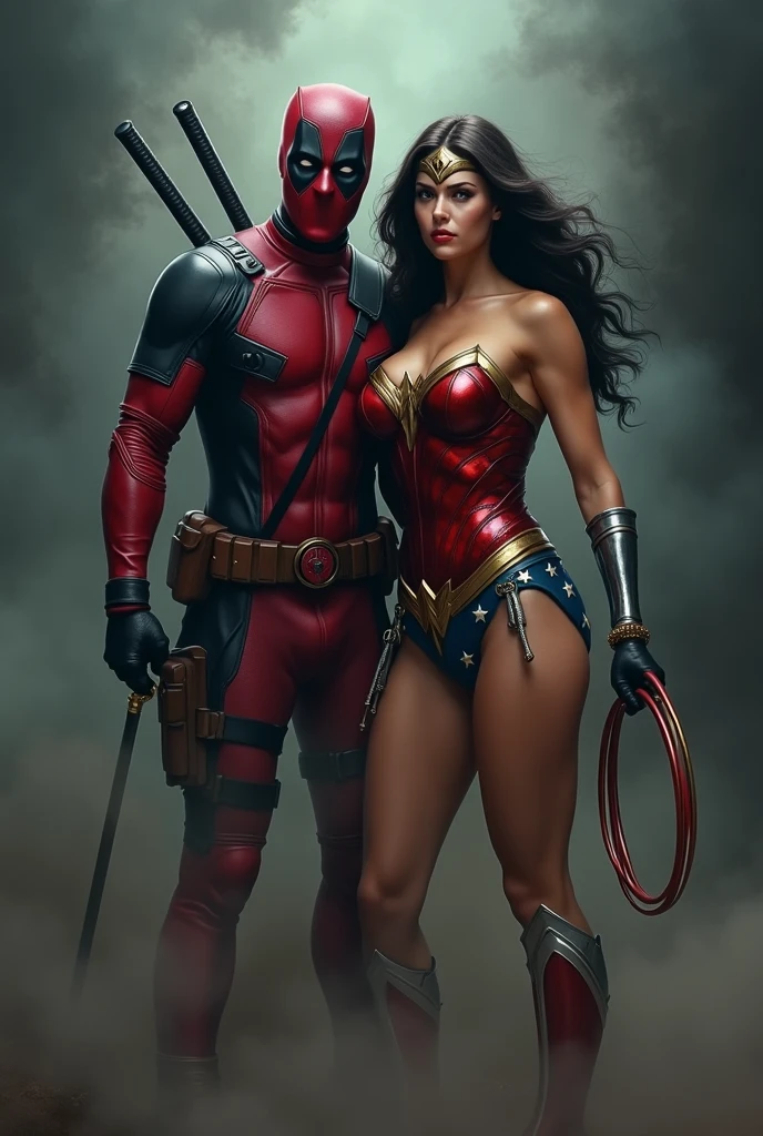 deadpool and wonder woman like a porn star, detailed illustration, cinematic, coming out of a thick fog, facing the camera, highly detailed, hyper-realistic, 8k, masterpiece, professional, vivid colors, dramatic lighting, comic book style, intense expression, powerful pose, muscular body, wearing red and black costume, swords on back, gritty, moody, atmospheric.