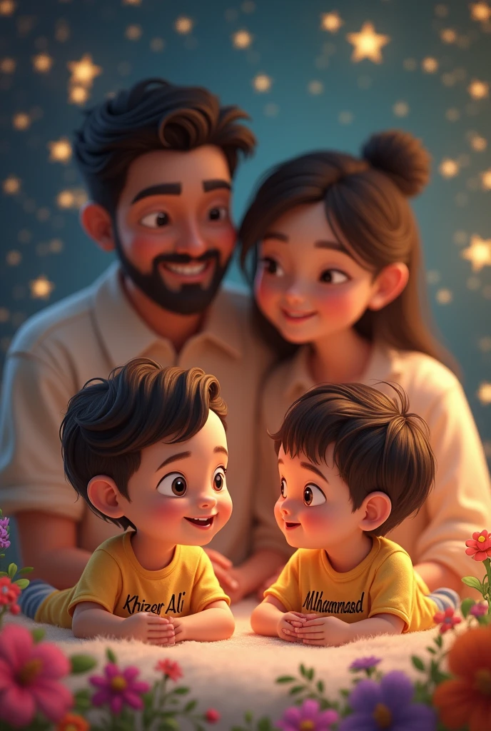 create an image in which a whose name is khizer Ali written in his shirt age is 1 yeard this baby lovs new born baby , e is Muhammad written on his shirt and the names written on both shirts are clear seen andbehind his mother and father seen this and smilling ,and background is full of stars and flowers