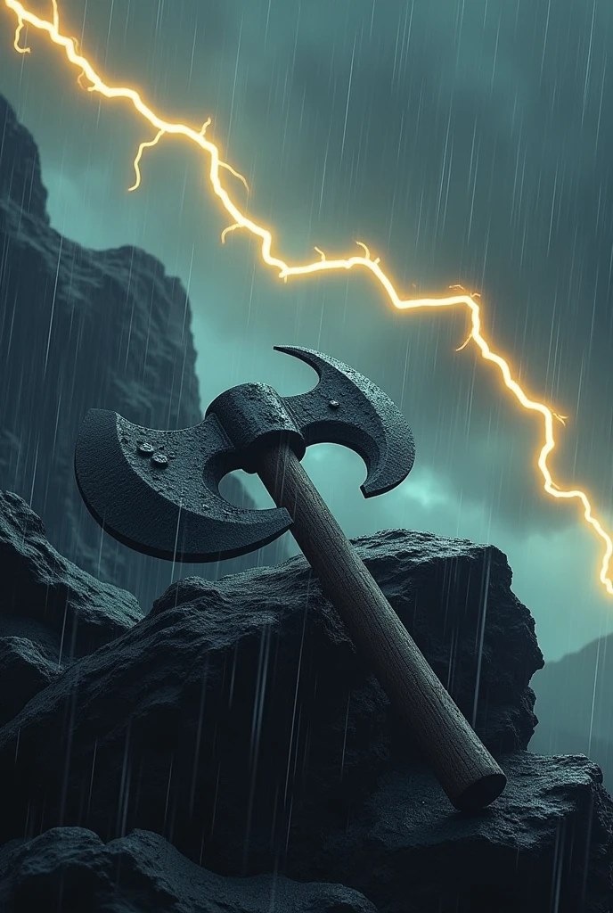 two parts of axe on black rock with heavy rain and yellow thunder weather condition,