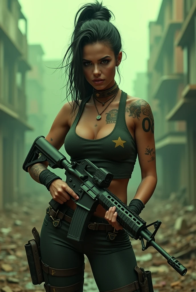 A hot girl are standing in infected area holding m416 gun. She have TOXIC tatoo on his shoulder and 08 tatoo on his chest.