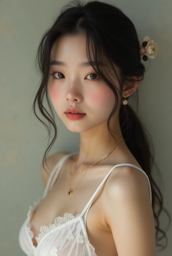 romantic style, masterpiece, best quality, 8k, artstation, sharp focus, ultrarealistic, high detail, , dimples, 16 year old korean girl