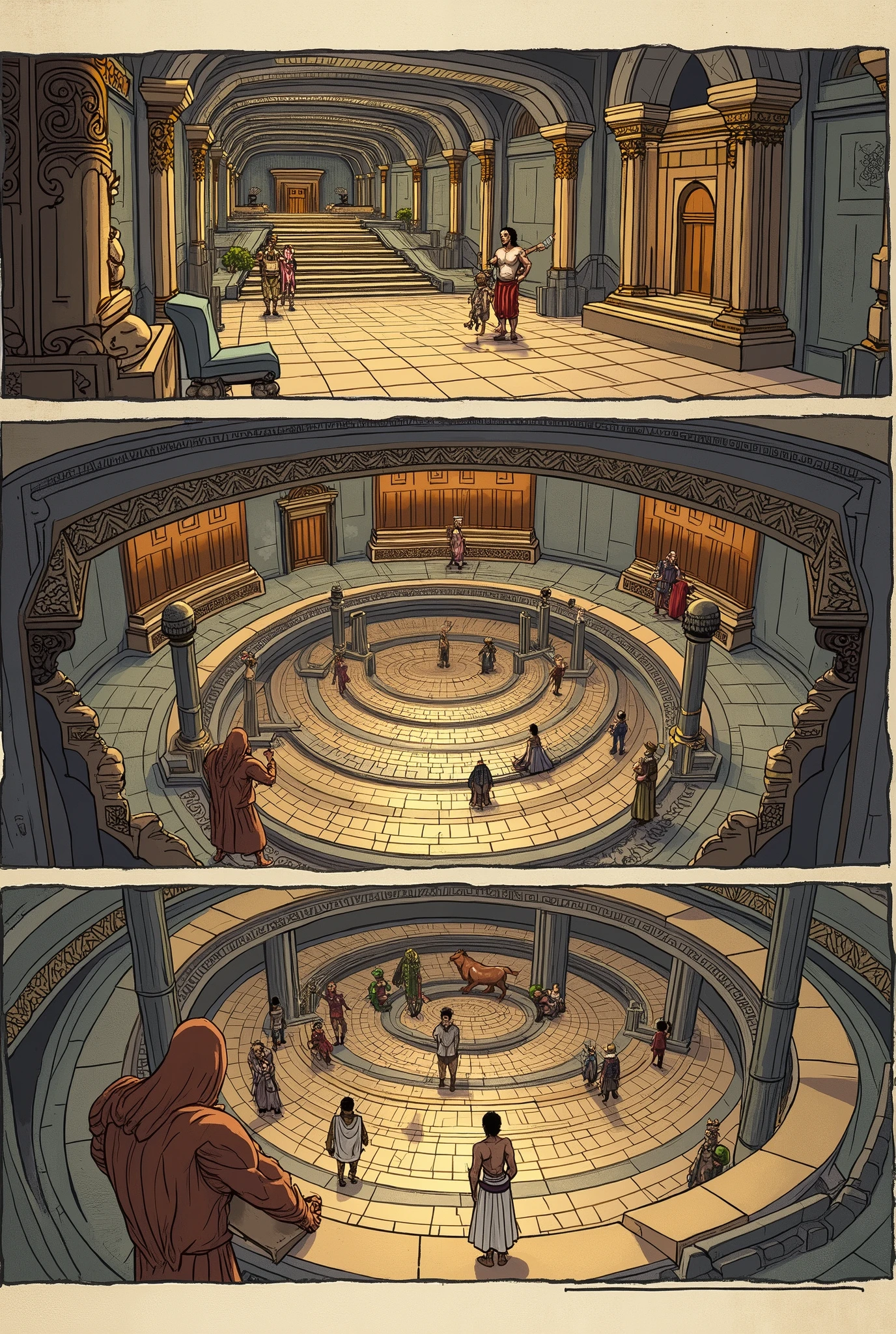 4-panel comic strip about this story: I. U n l a b e r in t o , unescudoyunaley Located in the center of Crete, the palace of Knossos, whose legendary construction is attributed to Minos, es tan com plejo en su
estructura What los arWhatólogos modernos se pierden todavía por
sus subterráneos, its twists and turns, its runners, Their rooms often without apparent communication. When the Greeks arrived in Crete, Minos' palace filled them with admiration and, to explain the mystery, inventaron la leyenda What ha pasado a la
historia por su belleza y su verdad. What does the legend say?? The future king Minos disputes the throne with his brothers. Pide un signo
del cielo What le indiWhat su derecho al reino. The sign of the gods soon arrives in the form of a white bull.. Passive, in love with the sacred bull, gives birth to a half-bull being, half man, What los griegos llamaron el Minotauro. Minos has his palace built, or according to the Greeks its labyrinth, to lock up the newborn monster. Como el origen del M inotauro es divino habrá
What sacrificarle todos los años siete muchachos y siete m uchachas de Atenas. Theseus, Athenian, decides to free his city from the bloody tribute. Enter the labyrinth and, thanks to Ariadne's thread, princesa cretense enamorada de Theseus, You can get back out of the labyrinth after killing the Minotaur.
The legend means, mainly, What los griegos quieren establecer un orden racional, una form a de vida What ya no
dependa de los m onstruos y de los sacrificios prim itivos. It also means, and in this is a clear example of his organizing and precise spirit, What, in the face of an inexplicable phenomenon, They try to give a coherent explanation capable of being understood by all men..
De la misma m anera What los griegos pusieron orden en el laberinto, pusieron orden también en las creencias religiosas de los
pueblos What encontraban a su paso. The god Zeus is, since a primitive time, a mix