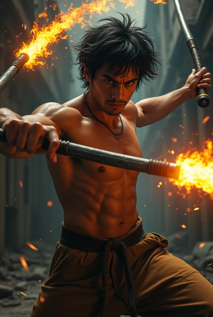 A man of 1,75, black hair, Brazilian and indigenous, good physical build and holding Nunchakos