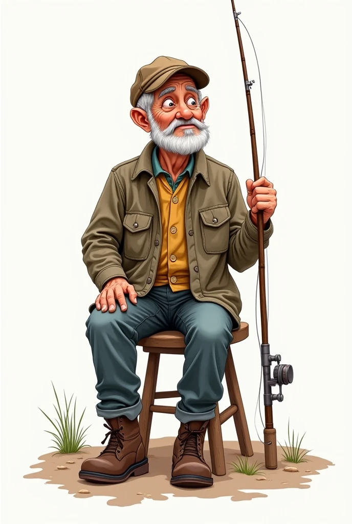 Drawing of a grandpa sitting on a stool holding a fishing rod with a transparent background colored drawing