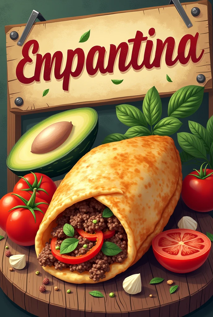 I would like you to make an Argentine empanada poster with these ingredients: bell pepper, onion, tomato, carne...