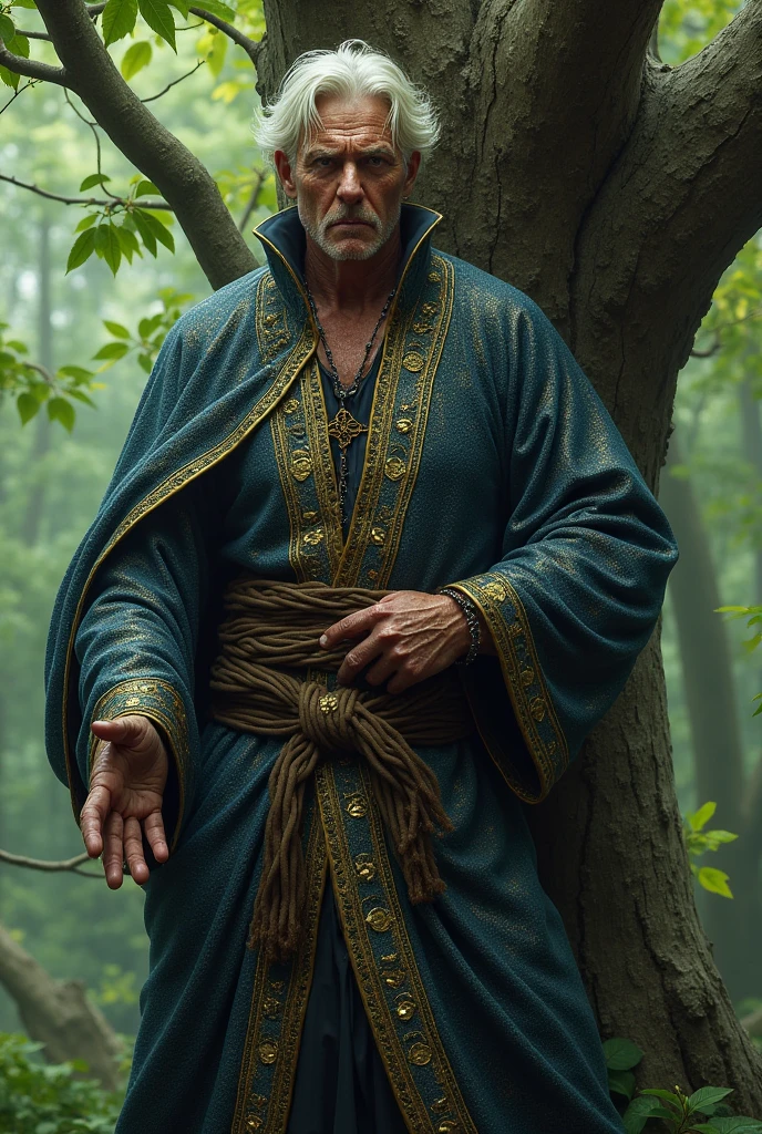 A bad wizard got tied up against the tree with sparkly robe