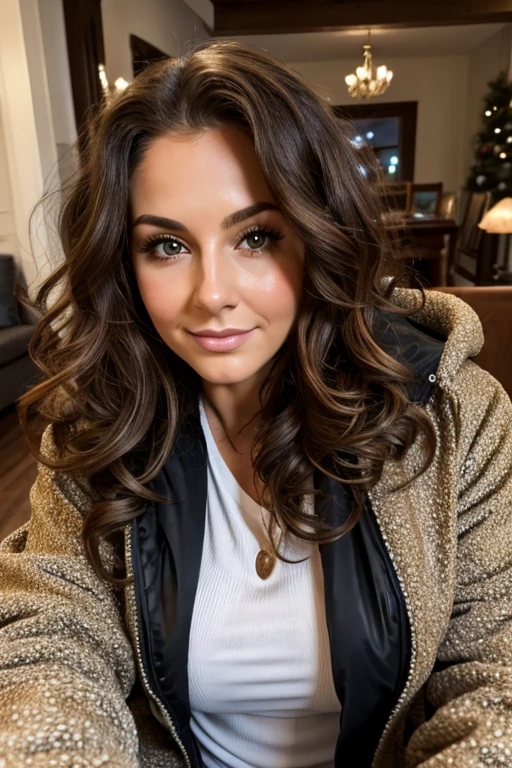 Medium view, of young aged, 22 year old, mom, gilf, milf, face portrait, jewish features, chubby, long hair, brown hair, curly hair style, black moncler jacket, in cozy home, sweaty
