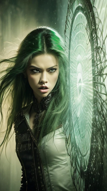 8K , Indonesian woman with tall body and long legs and muscular build, 3 , Woman wearing leather rock n roll clothes with lace, Dramatic images , Beautiful , Extremely detailed , Angry face , ((Hair blowing:1.3 )) , green hair, pose comes out of a magical portal