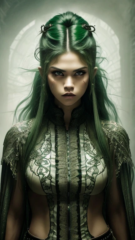 8K , Indonesian woman with tall body and long legs and muscular build, 3 , Woman wearing leather rock n roll clothes with lace, Dramatic images , Beautiful , Extremely detailed , Angry face , ((Hair blowing:1.3 )) , green hair, pose comes out of a magical portal