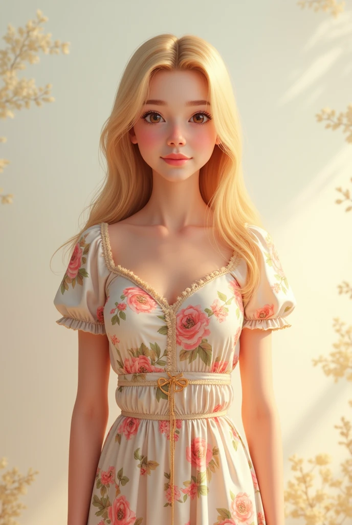 A blonde teenager with long, straight hair, wearing a floral dress