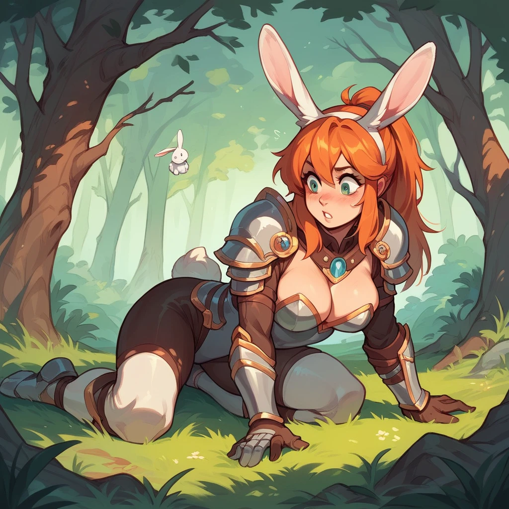 A female scout (with white bunny ears, like actual bunny ears.) with armor on is sneaking in a forest. she has orange hair.