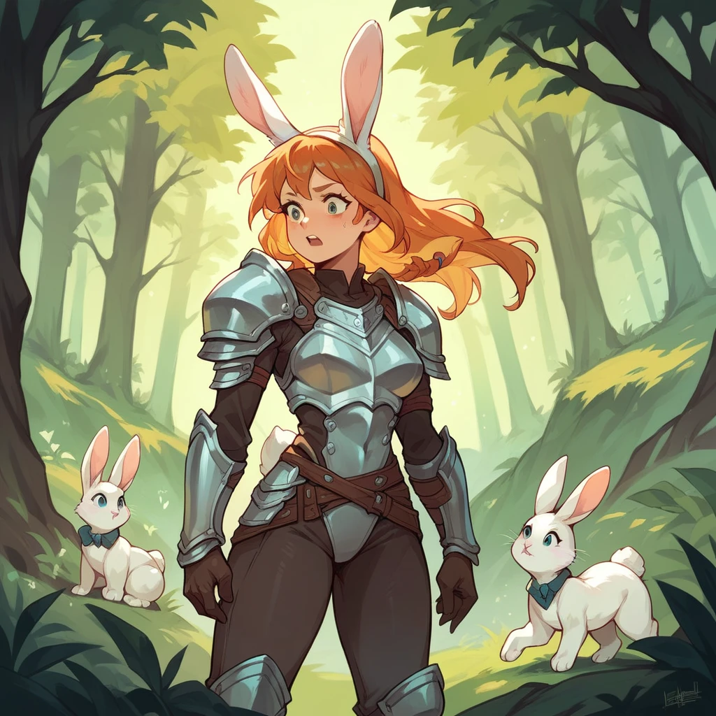 A female scout (with white bunny ears, like actual bunny ears.) with armor on is sneaking in a forest. she has orange hair.