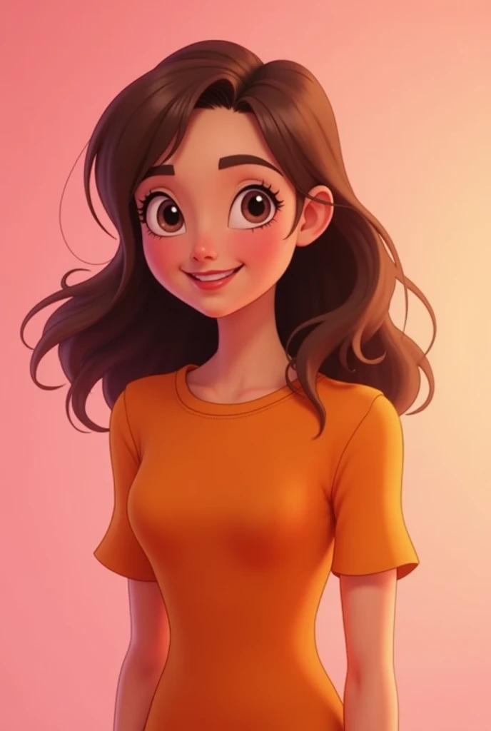 animation character, Brunetette, with an orange blouse, pink back ground,