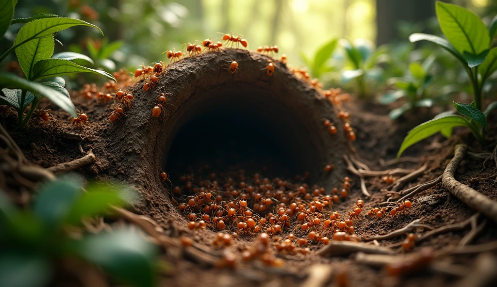 Create realistic close-up image of ant swarm emerging from hole in jungle