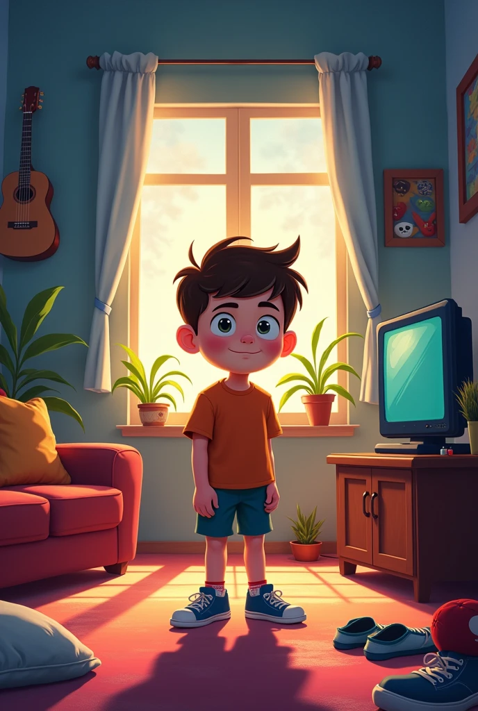 Disney-style poster, As a , 10 yeving, of a, side, video games, for, gonna, To put on, His shoes, sports, the stage, is the, living room, from your house
