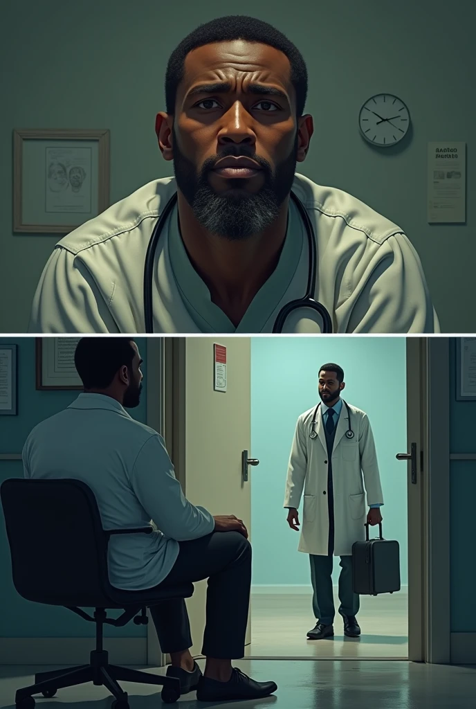 Image of black man in a medical setting, with a doctor explaining the cancer diagnosis. In another part of the image, he is leaving the company with a sad and tired expression, carrying a small suitcase.