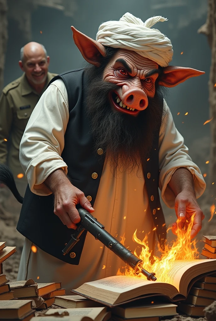 Armed Taliban leader , big red eyes, angry pig face, big bearded, dirty donkey teeth, wearing white Afghan dress and black waist coat with white Afghan turban, donkey tail, having big bull belly, is tearing apart big book, burning a huge book pile. And a laughing, clean shaved Satan in Pakistani army dress and general head cap is standing behind