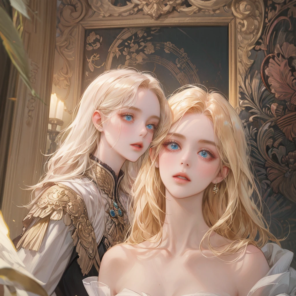 Best quality,masterpiece,ultra high res,beautiful, extremely detailed face, perfect lighting, perfect face, 16K, beautiful women, blonde girl, golden hair, long hair, blue colored eyes, Angelic beauty, ethereal beauty, Straight Nose, pale skin, Russian traits, light dress, offwhite, light pink.