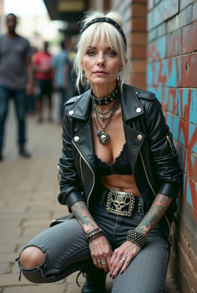 russian old milf woman, platinum blonde hair (top bun) and black parsleybandana as headband, with very light blue eyes, extremely pale. Wearing studded cropped black moto jacket (with lots of zippers and pins),  black and white lace push up bra , dark skinny blue jeans with holes on knees and white tennis sneakers . Lots of metallic and studded bracelets and long collars. Tacky wide studded leather belt with oversized skull and bones buckle. Long earrings. Kneeling like in prayer, a bit bent, chin up, humble facial expression. Hands on her knees,   Listening in amazement to somebody speaking to her, toned six pack abdominals. Tattoed heavily.  Graffitied brick wall in Nairobi, people crowded behind her