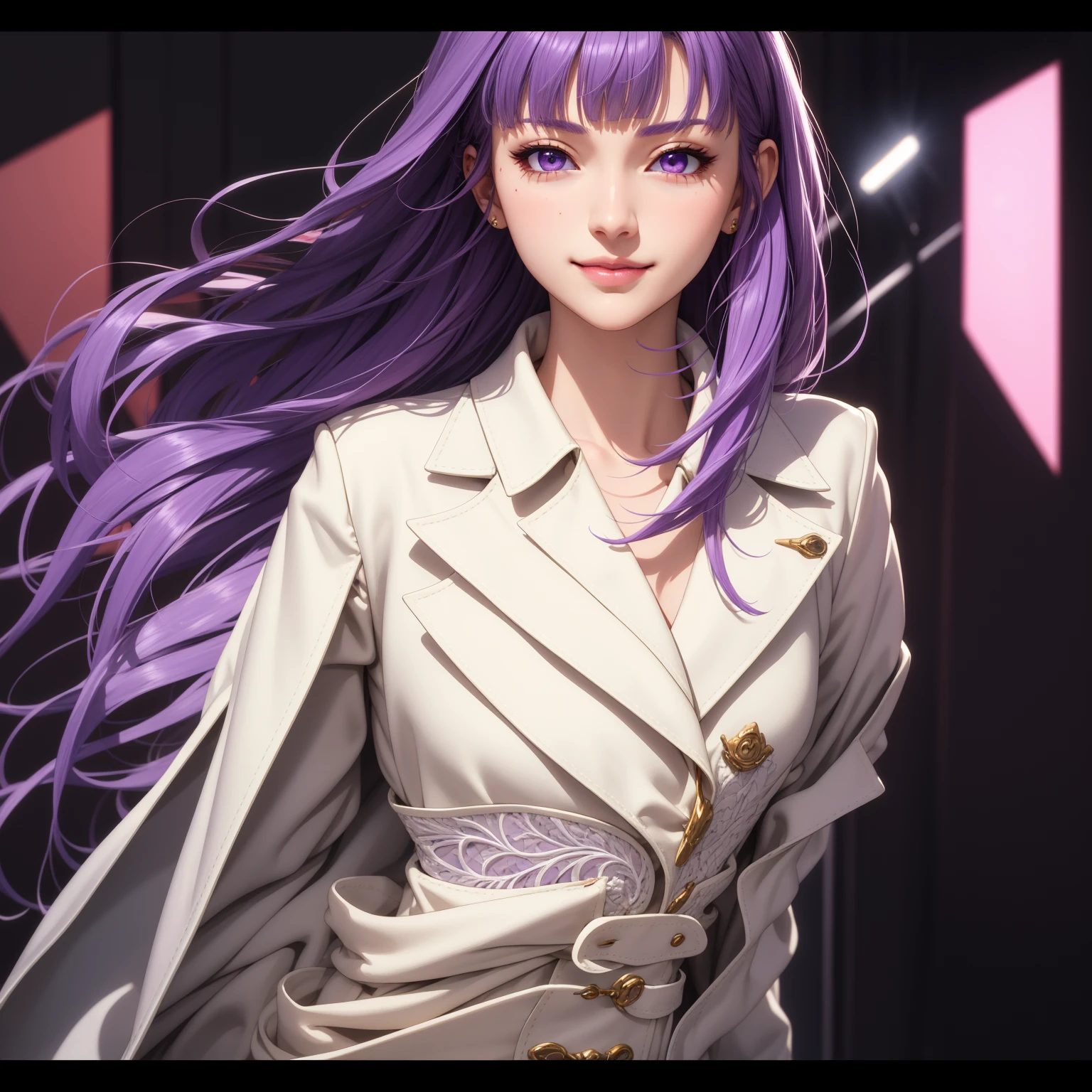 (masterpiece, best quality), intricate details, thin, ((slim)), beautiful girl, purple hair, blunt bangs, light purple eyes, sharp jawline, white coat, long hair, lips, upper body, close up, smirk