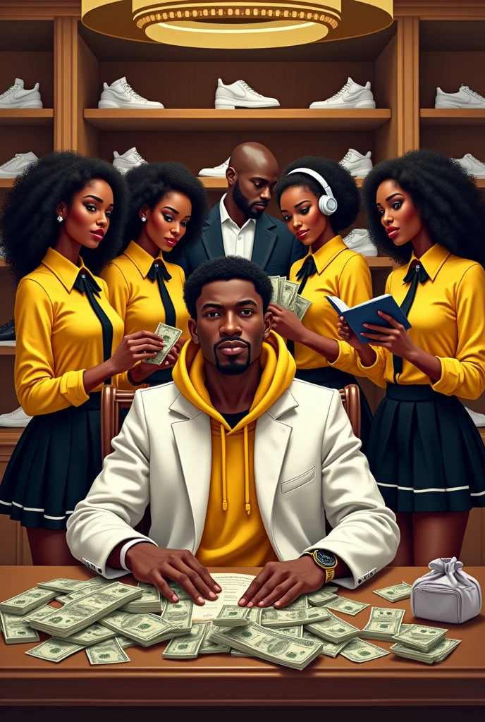 A fair-skin rich male afro beat artist, dressed in complete street hoodie and a big white jacket, sitting at a table full of money in a big classic leather shoe shop, with four beautiful african girls behind him, each girl is dressed in yellow short sleeve shirt, black tie, white shoes and black pom pom short skirt, doing a different task; one girl is on head phone, another girl is presenting shoes to a male client, another girl is writing in a book, another girl is putting shoes on the shelf and a dark skinned male in suit is counting money from the same table and putting in a bag