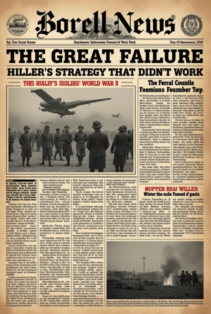 Borell News - Special Edition on World War II Cover Main Title: Borell News
Data: [Edition Date]
cover image: A historical illustration from World War II (it could be a picture of soldiers or a battle).
Main Highlight: "The Great Failure: Hitler&#39;s Strategy That Didn&#39;t Work"
Other Headlines:
"The Rise of Nazism"
"The Role of the Allies in the Defeat of the Axis"
Page 2: Publisher Title: Reflections on War Contents: An editorial discussing the importance of understanding the strategic failures of war to avoid future repetitions.
Page 3: The Failure of Hitler&#39;s Strategy Title: Operation Barbarossa: A Pre-Announced Disaster Contents: Detailed analysis of the invasion of the Soviet Union, including:
Causes of the failure Consequences for the Axis Testimonies of soldiers and civilians of the time Page 4: The Resistance and the Allies Title: How the Allies Changed the Course of the War Contents:
Report on the main battles won by the Allies Profiles of Allied leaders, like Churchill and Roosevelt The impact of resistance in occupied Europe Page 5: or D-day e suas Consequências
Título: or D-day: The Beginning of the End for the Content Axis:
Description of the operation and its execution Interviews with historians about its repercussions Maps and graphs illustrating troop movements Page 6: Culture and Society During the War Title: Everyday Life in Times of Conflict Contents:
Articles on how war influenced culture (artistry, music, literature)
Testimonies from people who lived through the war Curiosities section about the period Design and Style Typography: Use classic fonts, as serifs, to give an old newspaper look.
colors: Predominance of black and white, with sepia touches for an aged look.
imagery: Historical photographs and period illustrations, with explanatory captions.  CAN YOU CREATE THIS NEWSPAPER FOR ME?? (IN A4 SHEET SIZE)