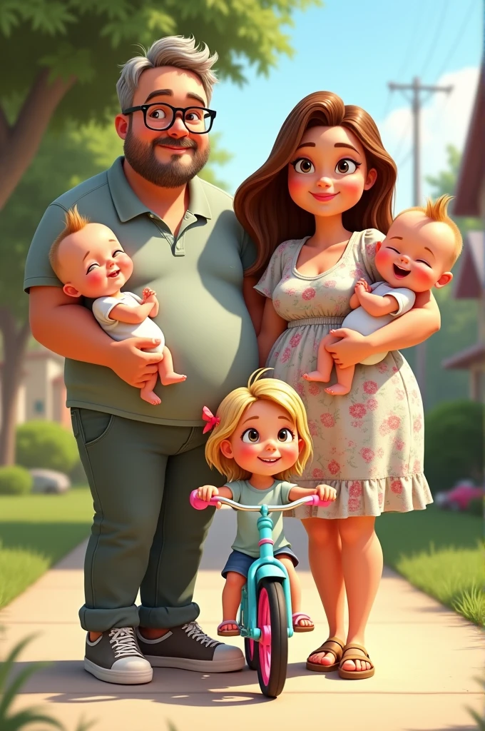 Image type dessin animé pixar d'un couple avec 3 enfants. Caucasiens : le papa 35 ans yeux marrons, lunettes, cheveux poivre et sel, barbe châtain, un peu de ventre. habillé en chino polo baskets. maman 35 ans, femme grosse, cheveux châtain clair presque blonds, yeux bleus, lunettes, habillée en robe fleuri sandales. Leur première de 4 ans sur son vélo bleu ciel avec des pneus roses, blonde aux yeux marrons. Les deux autres enfant sont des fausses jumelles de 10 mois, une dans les bras de maman : elle a les cheveux blonds châtain aux yeux bleus ressemblant plus à sa maman. l'autre est dans les bras de papa, cheveux blonds châtain aux yeux marrons avec une fossette à la joue gauche et ressemblant plus à papa.