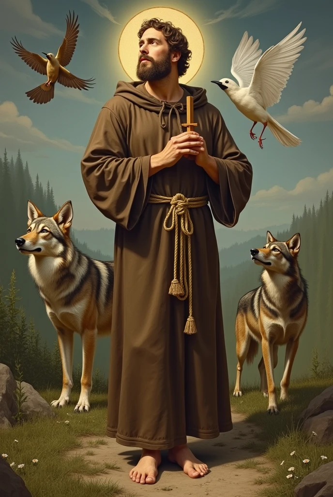 "Create an image of Saint Francis of Assisi in a natural setting, wearing a simple brown habit with a rope belt featuring three knots. His hands and feet display the stigmata, and he is surrounded by animals like birds and a wolf, symbolizing his deep connection with nature. He is depicted in a moment of prayerful ecstasy, holding a small wooden cross. The background shows a serene landscape, reinforcing his message of simplicity and harmony with all living things."