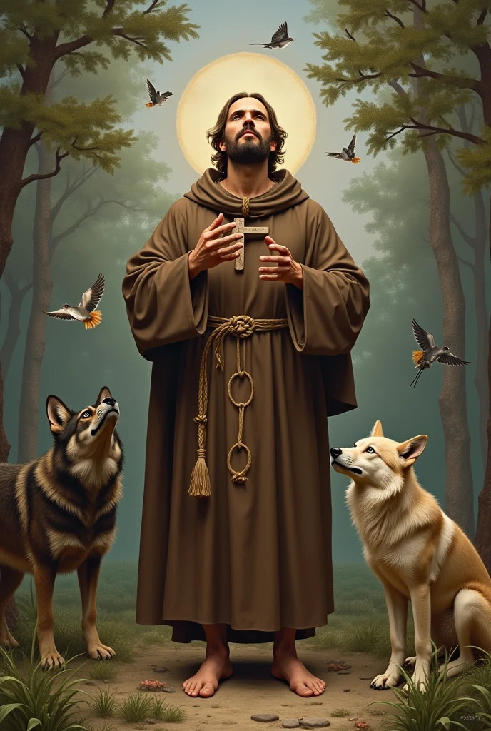 "Create an image of Saint Francis of Assisi in a natural setting, wearing a simple brown habit with a rope belt featuring three knots. His hands and feet display the stigmata, and he is surrounded by animals like birds and a wolf, symbolizing his deep connection with nature. He is depicted in a moment of prayerful ecstasy, holding a small wooden cross. The background shows a serene landscape, reinforcing his message of simplicity and harmony with all living things."