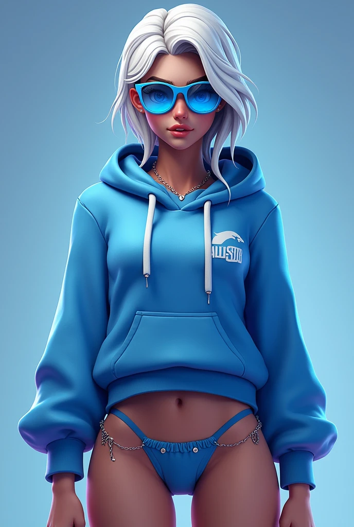 fortnite style girl with white hair blue eyes wearing allstar glasses shoes blue sweatshirt sexy underwear rear full body