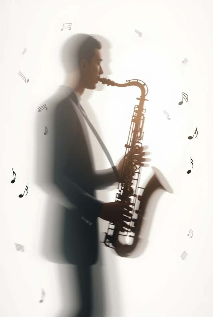 an image that looks like an album with a centralized jazz instrument and a white background with some details of small musical notes and the silhouette of a person behind in a 1:1 ratio
