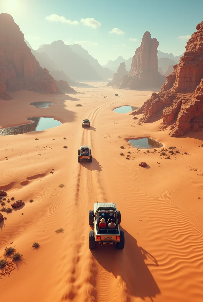 sand dunes with puddles of water in the center, desert style with small islands, huge space. Jeeps with tourists passing through the dunes.