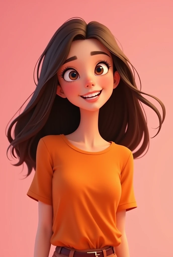 animation character, Brunetette, with an orange blouse, pink back ground,