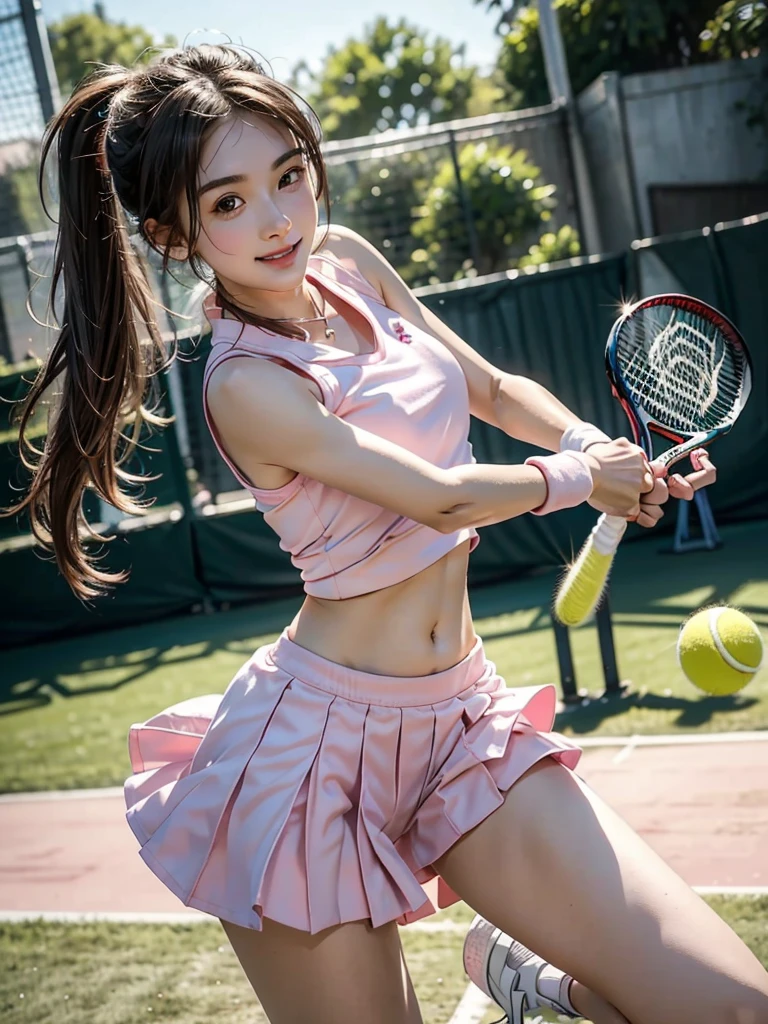 Photo-realistic quality、Wearing light pink tennis wear and swinging a tennis racket２０College girl years old, a girl Playing tennis, Tennis Wear, Playing tennis, Realistic rackets, Detailed and beautiful eyes、Playing tennisアイドル、White crop top vest，The moment the yellow ball is hit，Full body close-up，Smiling emoticon